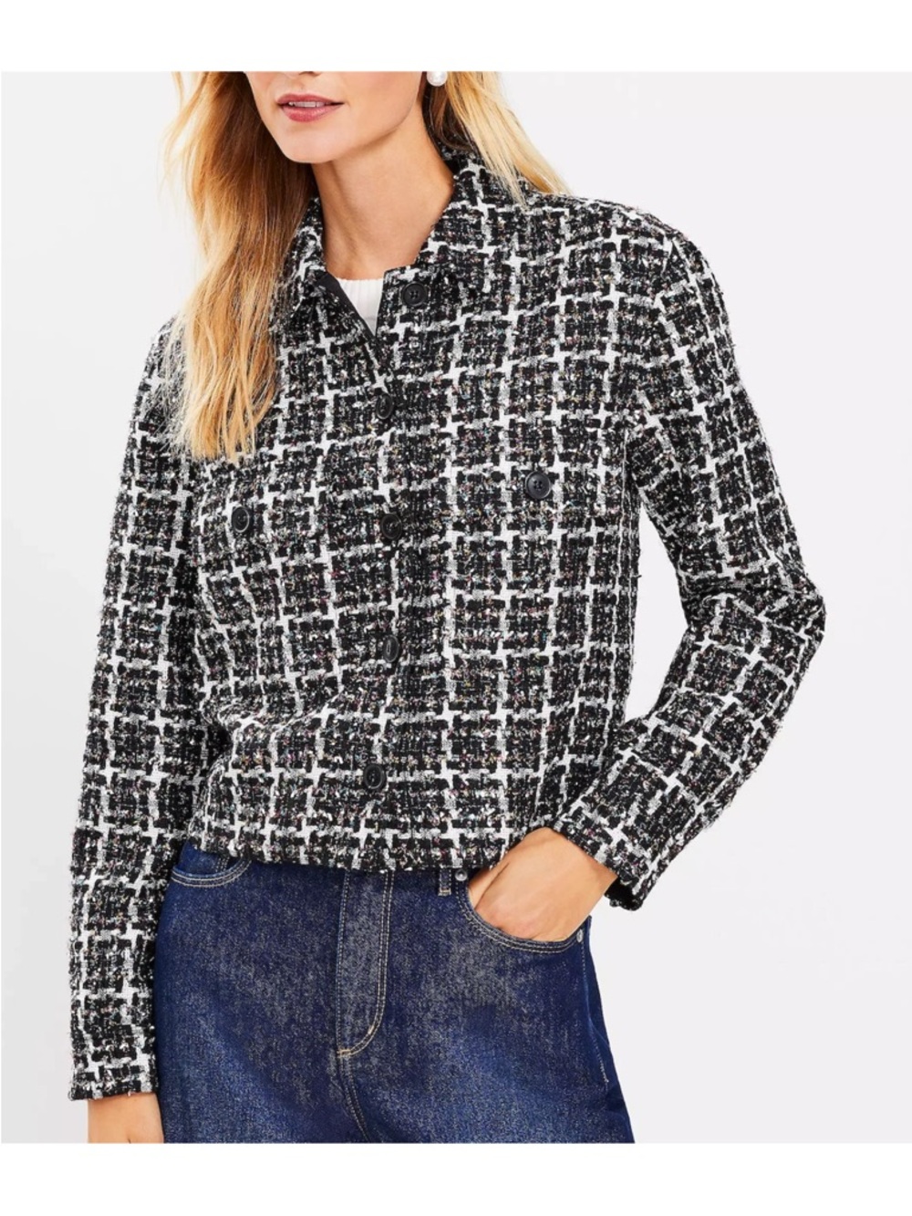 Ann Taylor Loft Shimmer Tweed Shirt Jacket L Black